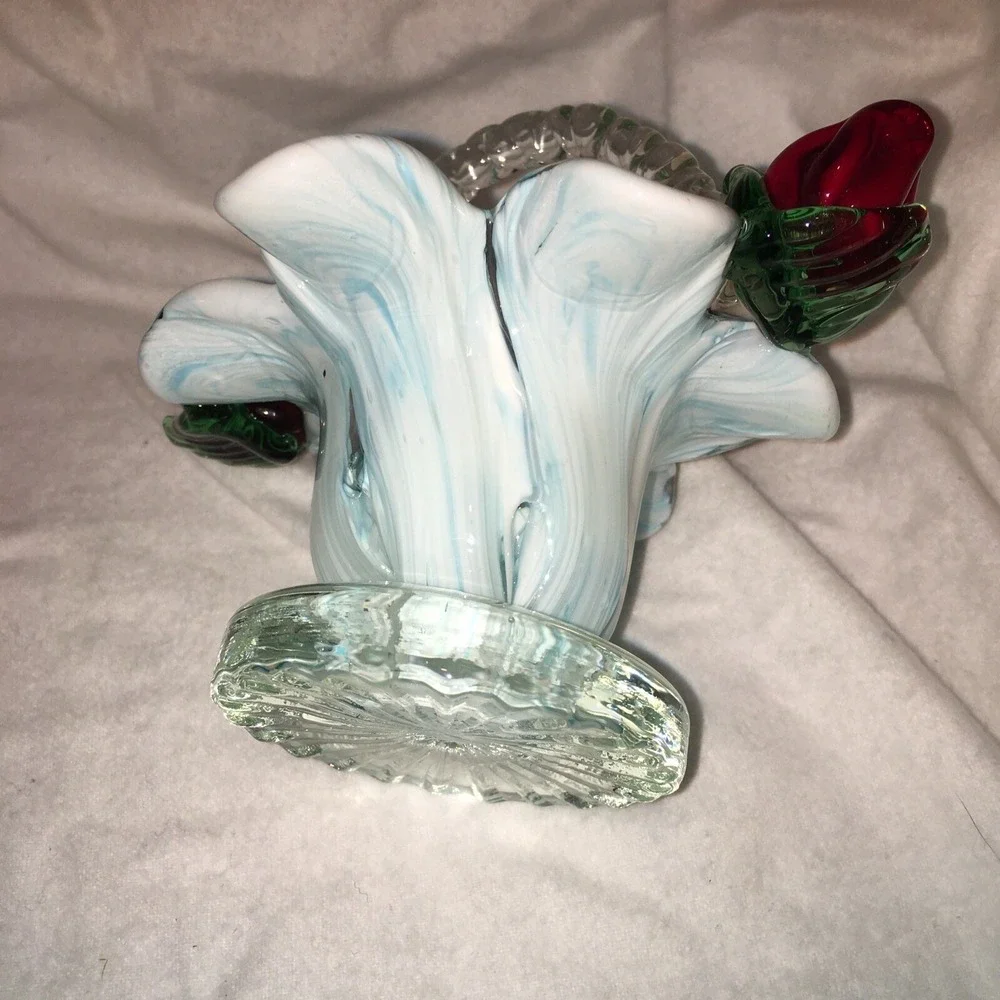 Swirl Blue Red Roses Blown Glass Flower Basket Vtg
